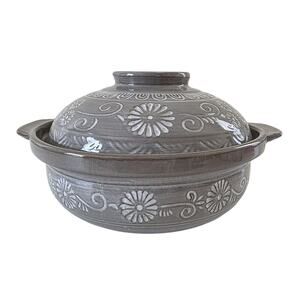 Vintage Handcrafted Ceramic Casserole Dish w Lid Gray Embossed Floral Rustic